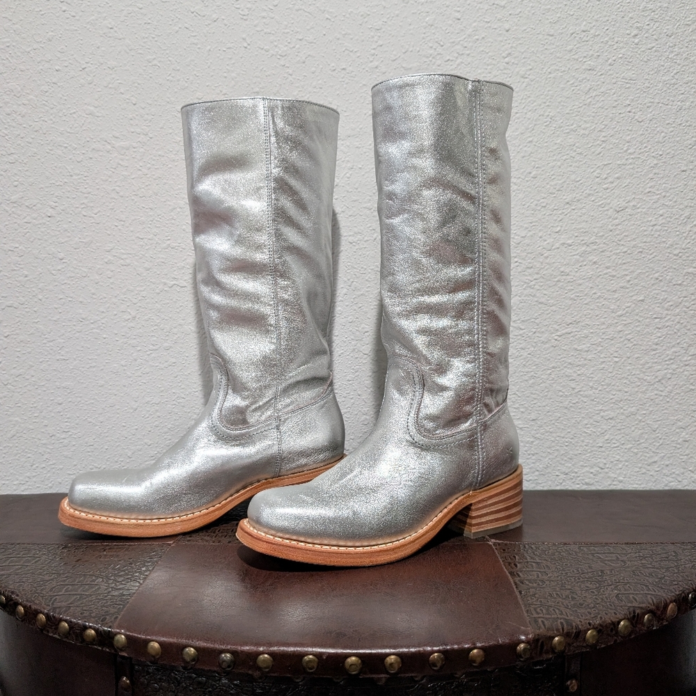 Frye Campus Silver Leather Boots Size 8.5 - Picture 3 of 16